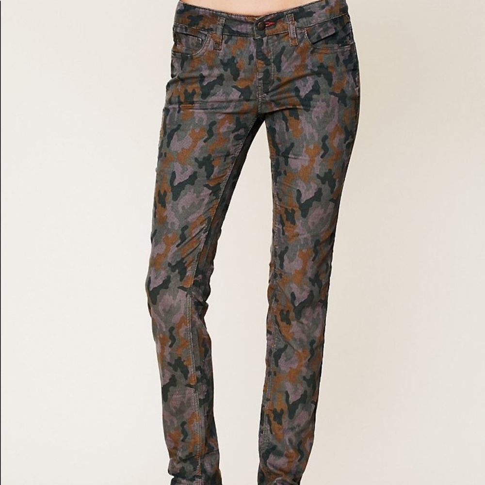 Free People Camouflage Gray Green Mustard Orange Corduroy Skinny Pants